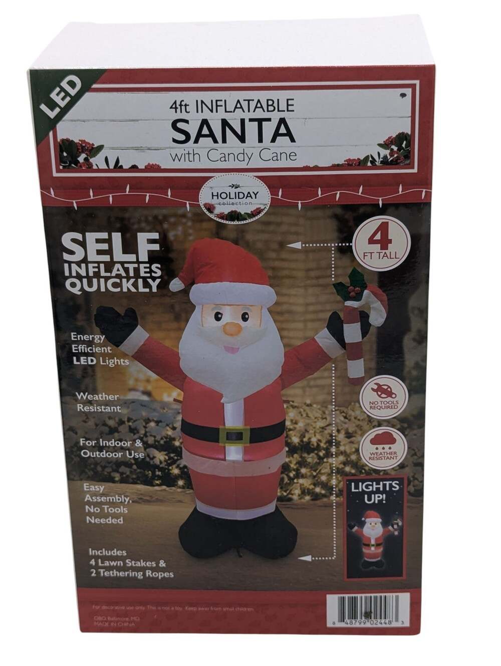 4-Foot Inflatable Santa With Candy Cane Christmas LED Light Up Outdoor / Indoor